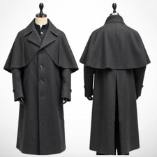 Dark Gray Cashmere Men's Overcoat with Cape Outdoor Casual Winter Warm Long Coat