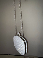 Silver Rhinestone Crystal Clutch Evening Bag w/ Chain Shoulder Strap, Clasp