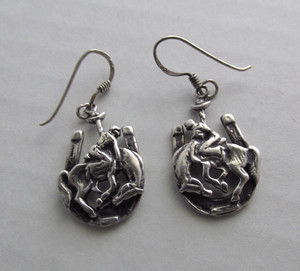 Vintage Cowboy on Rodeo Bucking Bronco Horse on Horseshoes Earrings .925 Silver