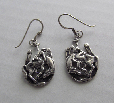 Vintage Cowboy on Rodeo Bucking Bronco Horse on Horseshoes Earrings .925 Silver