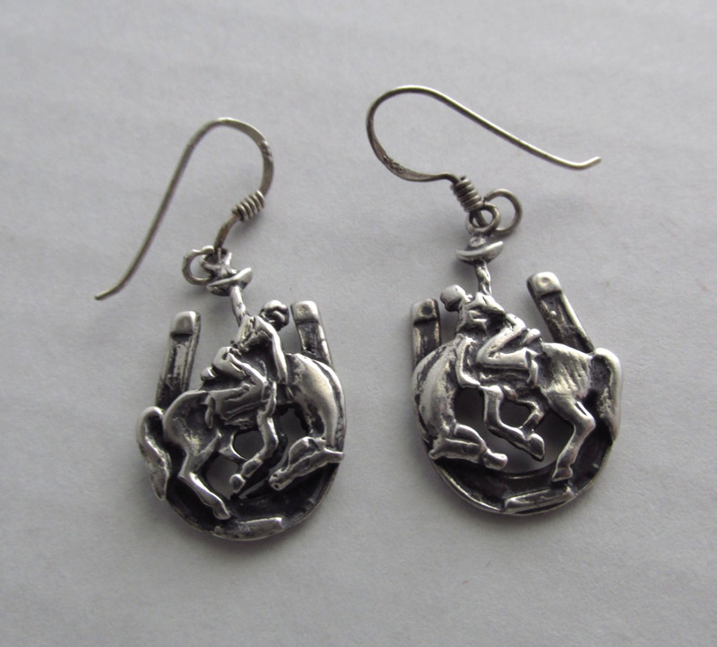 Vintage Cowboy on Rodeo Bucking Bronco Horse on Horseshoes Earrings .925 Silver