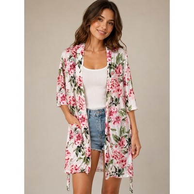 Show Me Your Mumu Floral Robe Pink Green White Kimono Tie Waist OS Pocket Womens
