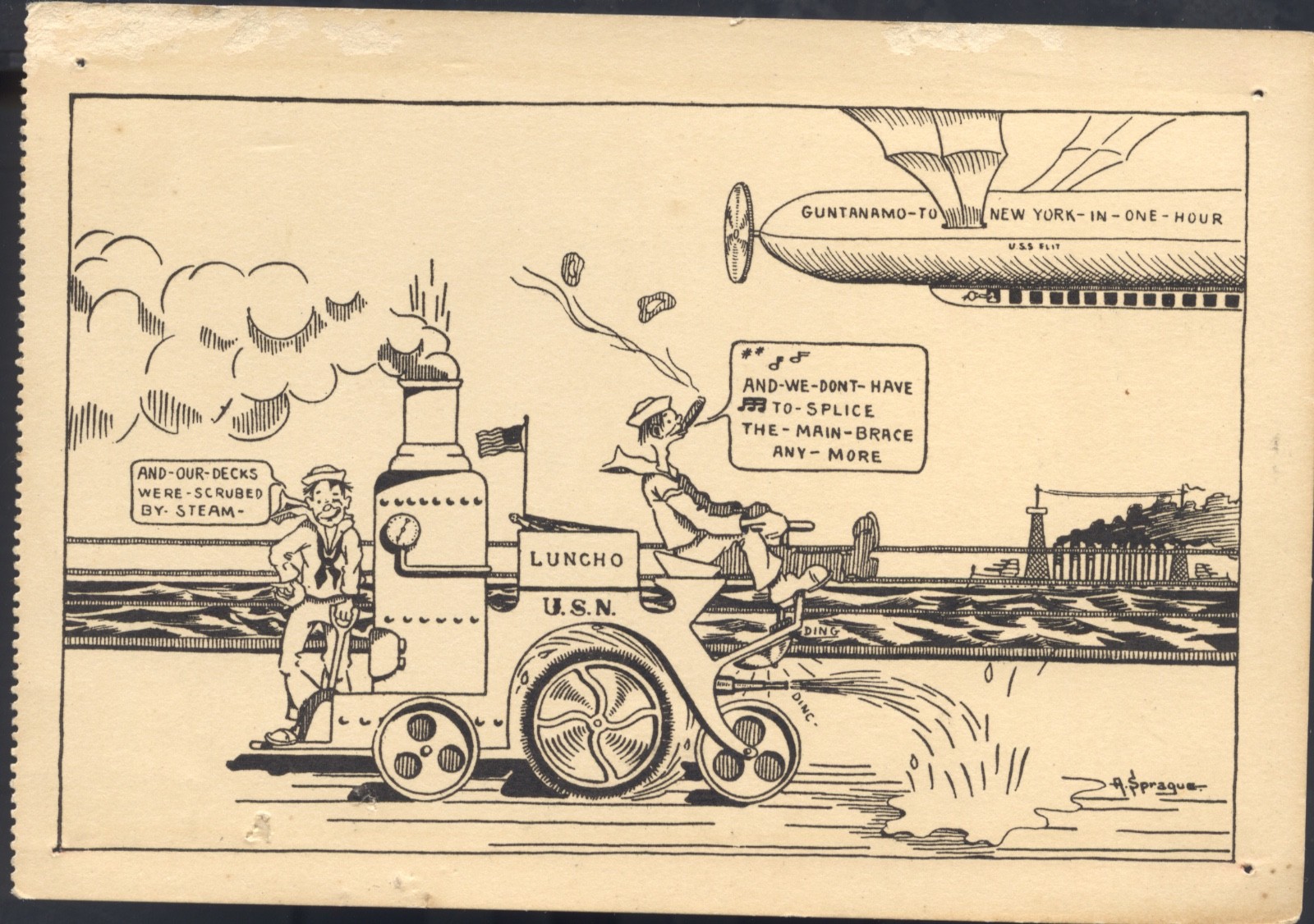 Antique U.S. Navy Cartoon – Postcard Booklet Page – Naval Humor – A. Sprague