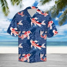 Koi Waves Hawaiian Shirt Men Casual Aloha Beach Vacation Top