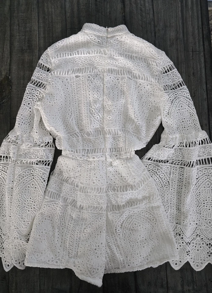 Очаровательный белый богемный бродерий английский комбинезон кружевной люверс с длинным рукавом XS - Изображение 2 из 4