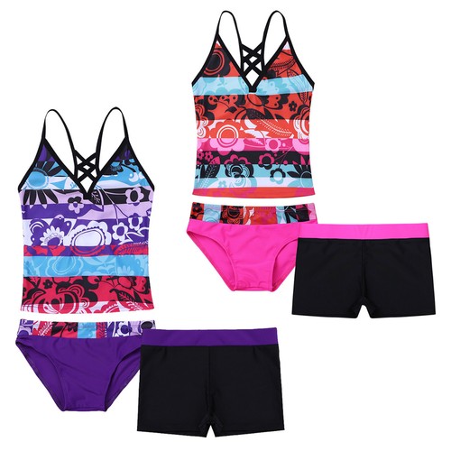 Kid Girl Swimsuit Swimwear Tankini Set Floral Tops+Bottoms Shorts Suit Beachwear - Picture 2 of 48