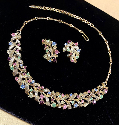 Vintage Mid-Century CORO Fruit Salad Pastel Rhinestone Necklace and Earrings Set