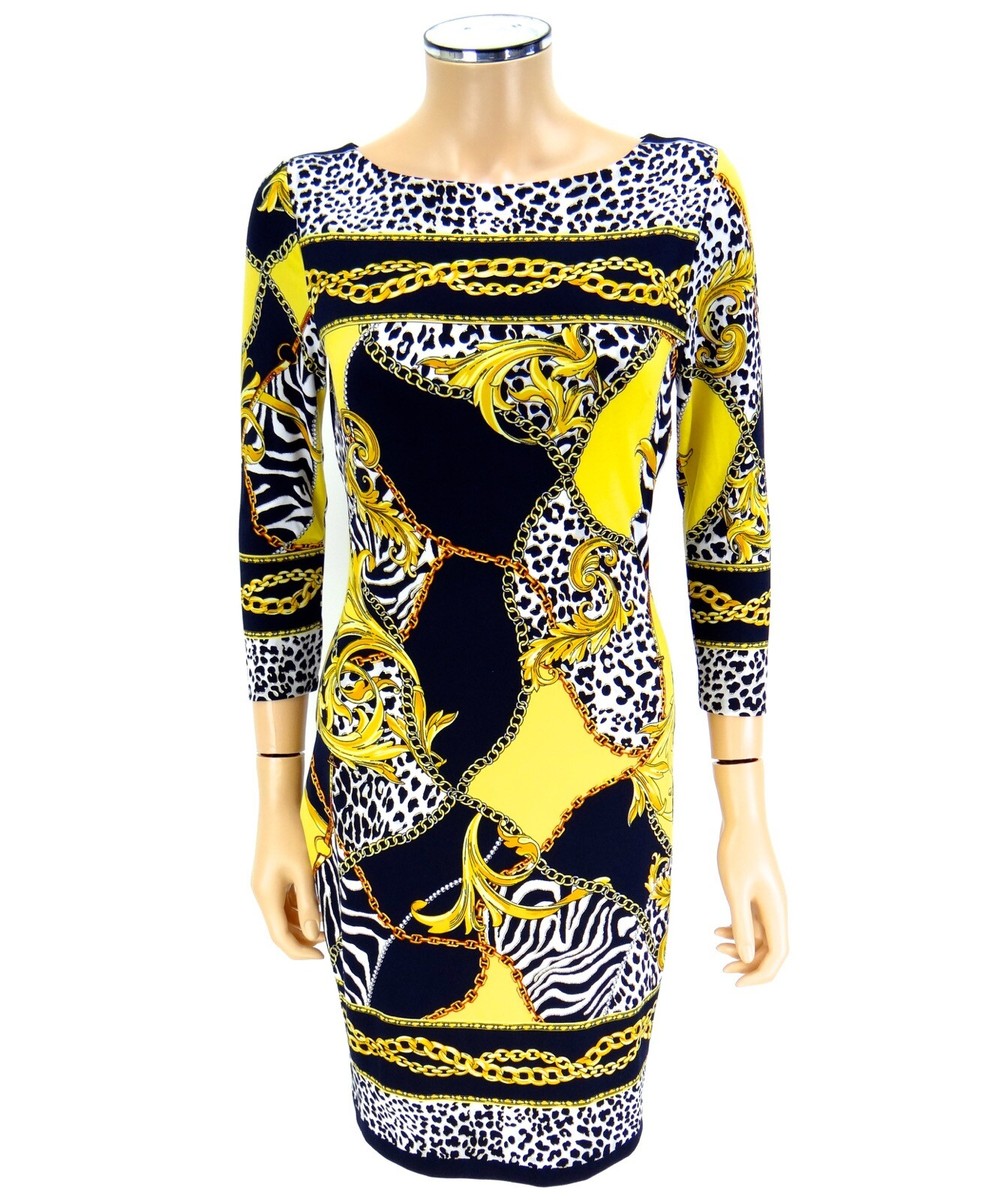 CACHE Sheath Dress SIZE Yellow Black Leopard Animal Status Gold
