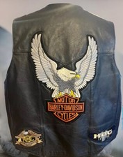 VTG Large Harley Davidson Leather Motorcycle Vest Solid Black Patches Made USA