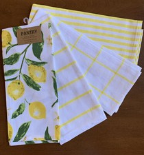 Pantry Set Of 4 Kitchen Tea Towels Lemons White Yellow Stripes Checks 18 X 28