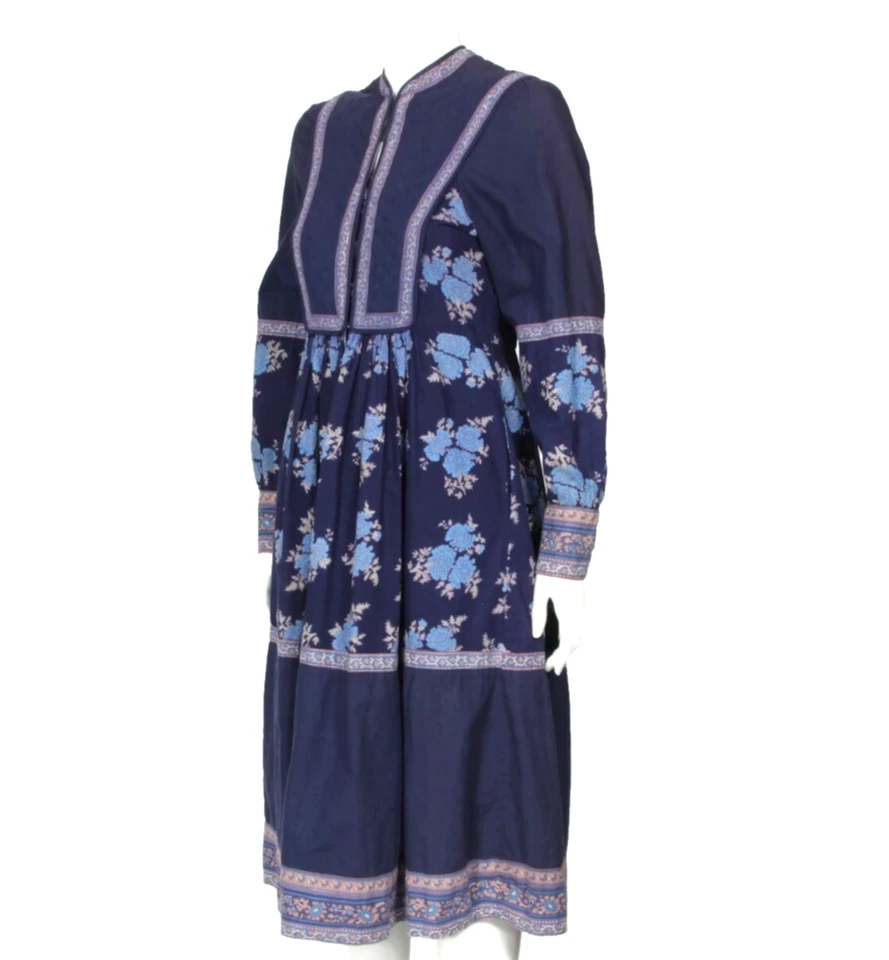 Vestido Mágico Azul Floral Indio Años 70 Estampado en Bloque Acolchado Exótico India S/M/480 Foto 4 de 4
