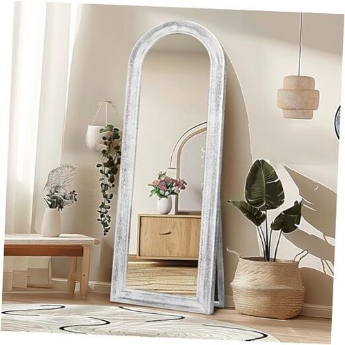 65"x22" Arched Full Length Mirror with Stand Solid Wood Frame 65"L x 22"W White