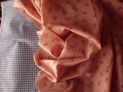 Lot De 2 Coupons Tissu Coton - Motif Fleuri Ancien Et Vichy Bleu - Neuf