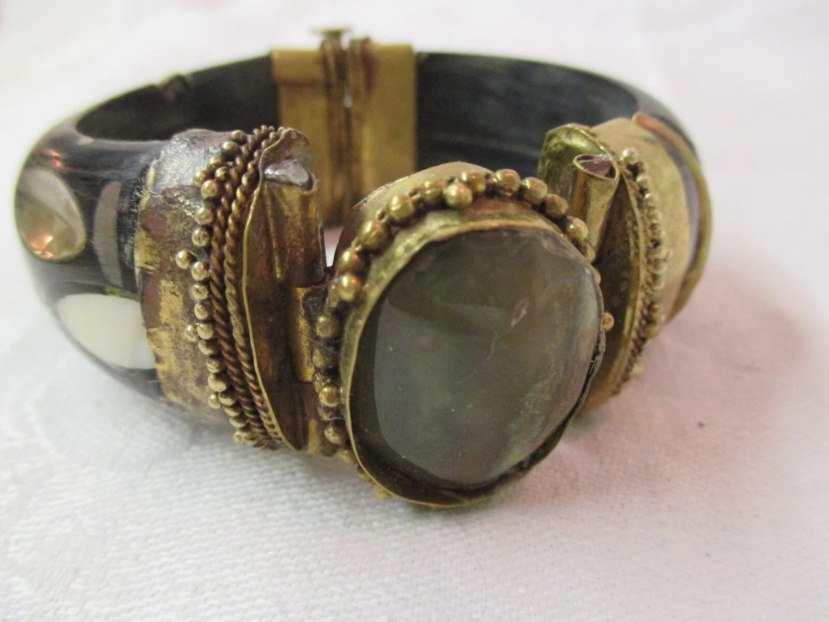 Vintage India Buffalo Horn & Brass hinged Cuff Bracelet w/ Agate & MOP inlays
