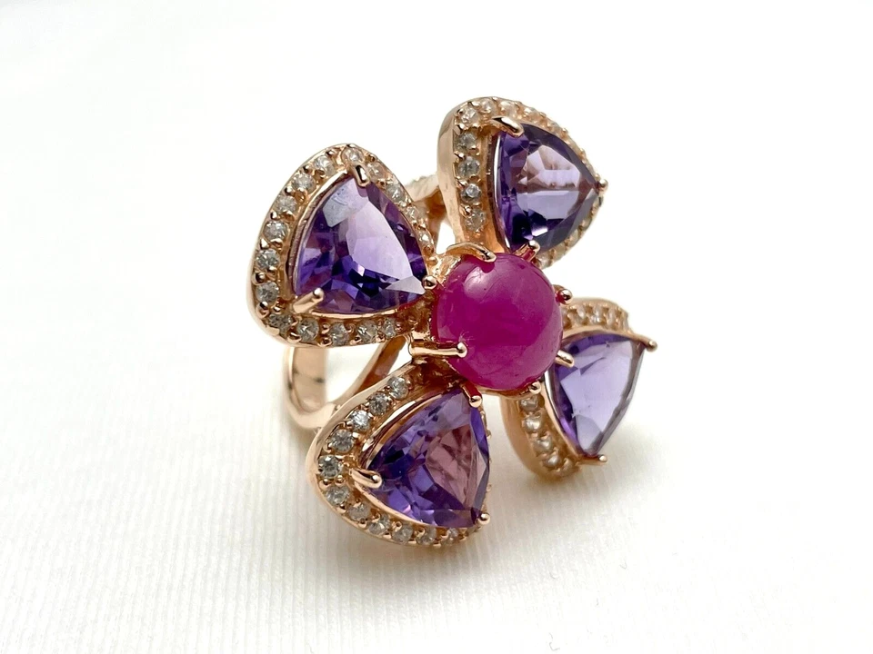 Ruby, Amethyst, Cross Rose Gold Plated Sterling Silver Ring - Image 2 of 4