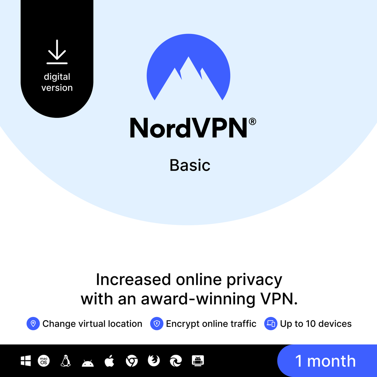 NordVPN Basic, 10 Devices, 1-Month, Premium VPN Software, Digital Code