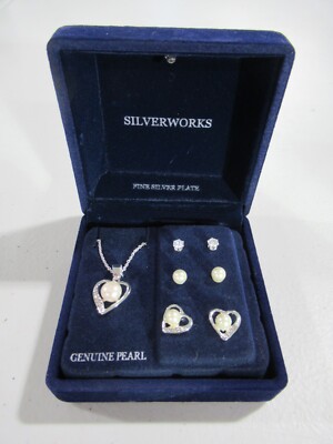 Silverworks Fine Silver Plated Heart Pearl Necklace & 3 Pair Stud Earring Set