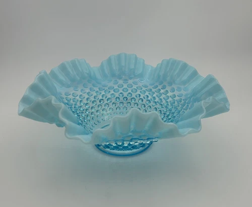 Vintage Fenton Blue Opalescent Hobnail Crimped & Ruffled Bowl 10”