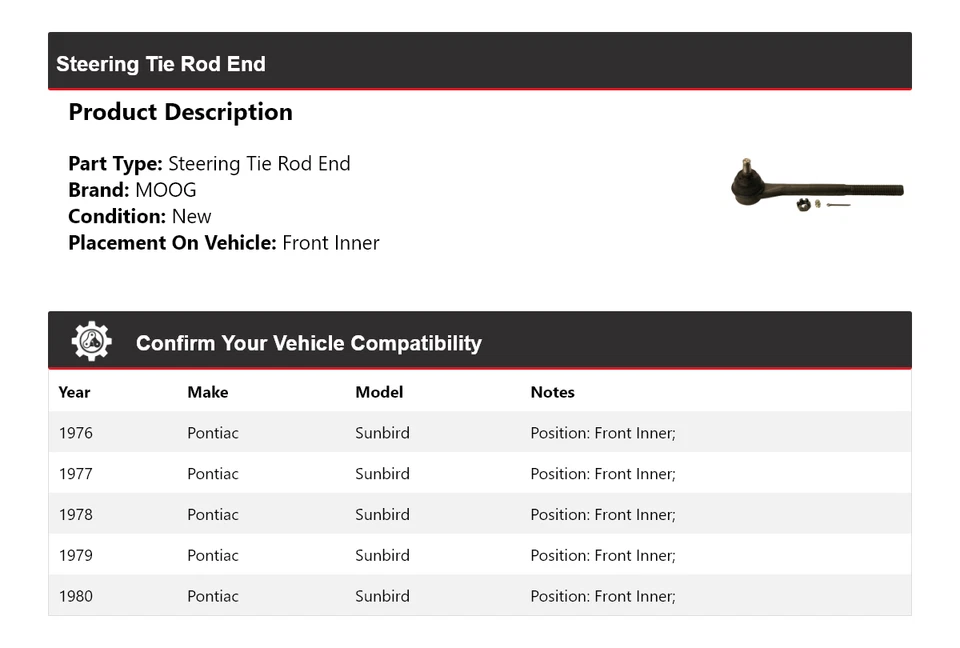 Para Pontiac Sunbird 1976-1980 extremo de barra de dirección interior delantero MOOG 1976 1977 Foto 2 de 4