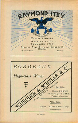 ADVERT Vineyard Wine Raymond Itey Cognac L'Aiglon Bordeaux Schroder & Schyler