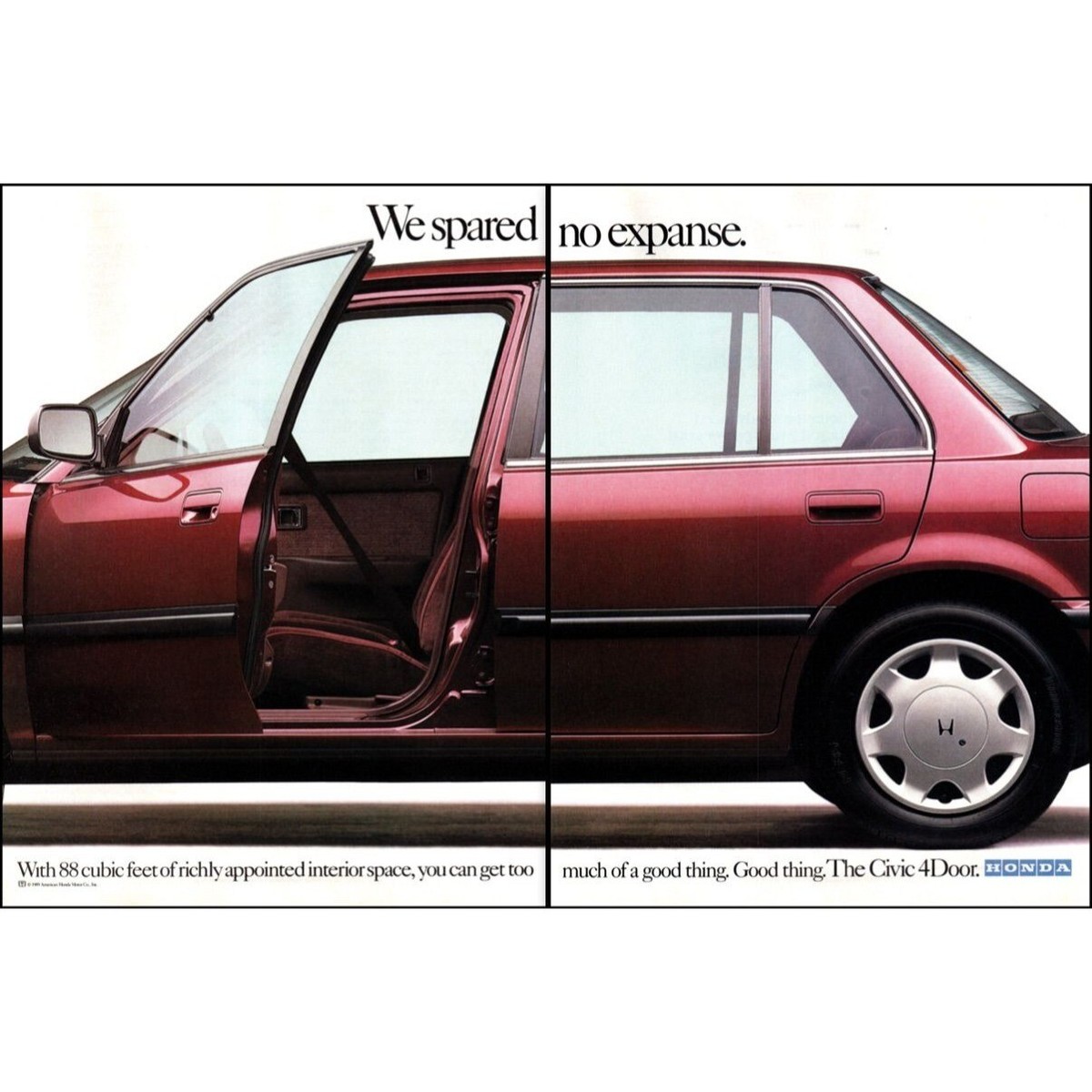 1990 Honda Civic 4 Door Sedan Interior Space 2 Page Vintage Print