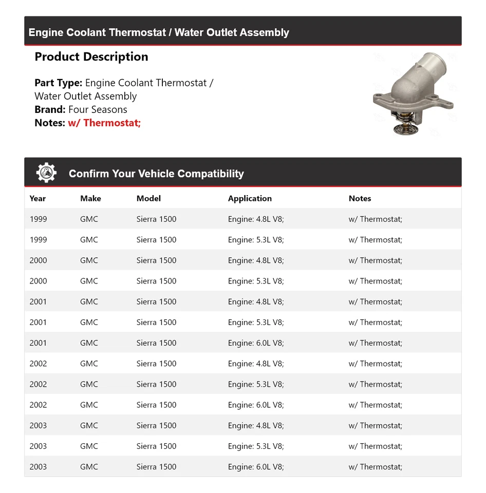 GMC Sierra 1500 1999-03 motor refrigerante termostato/conjunto de salida de agua 4 estaciones Foto 2 de 4