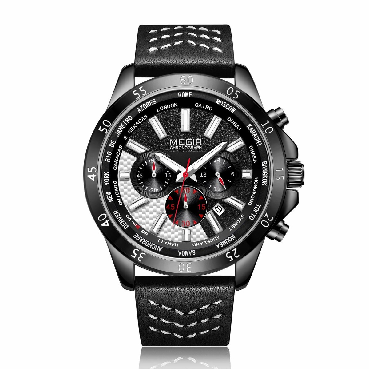 MEGIR Men's Watches Quartz Movement Alloy Case Leather Band Black