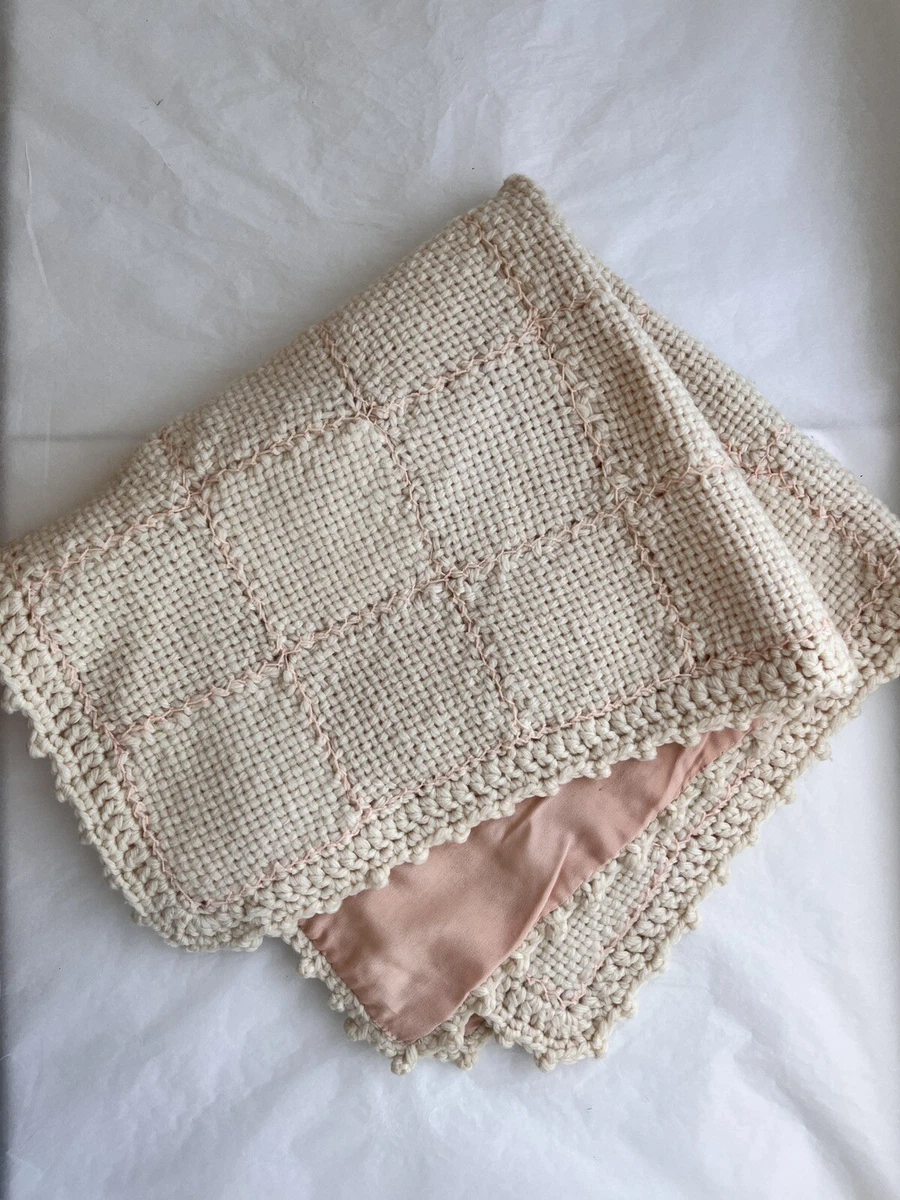 Vintage Hand Knit Baby Blanket with Satin Backing Embroidery 26 x 30 Cream Pink