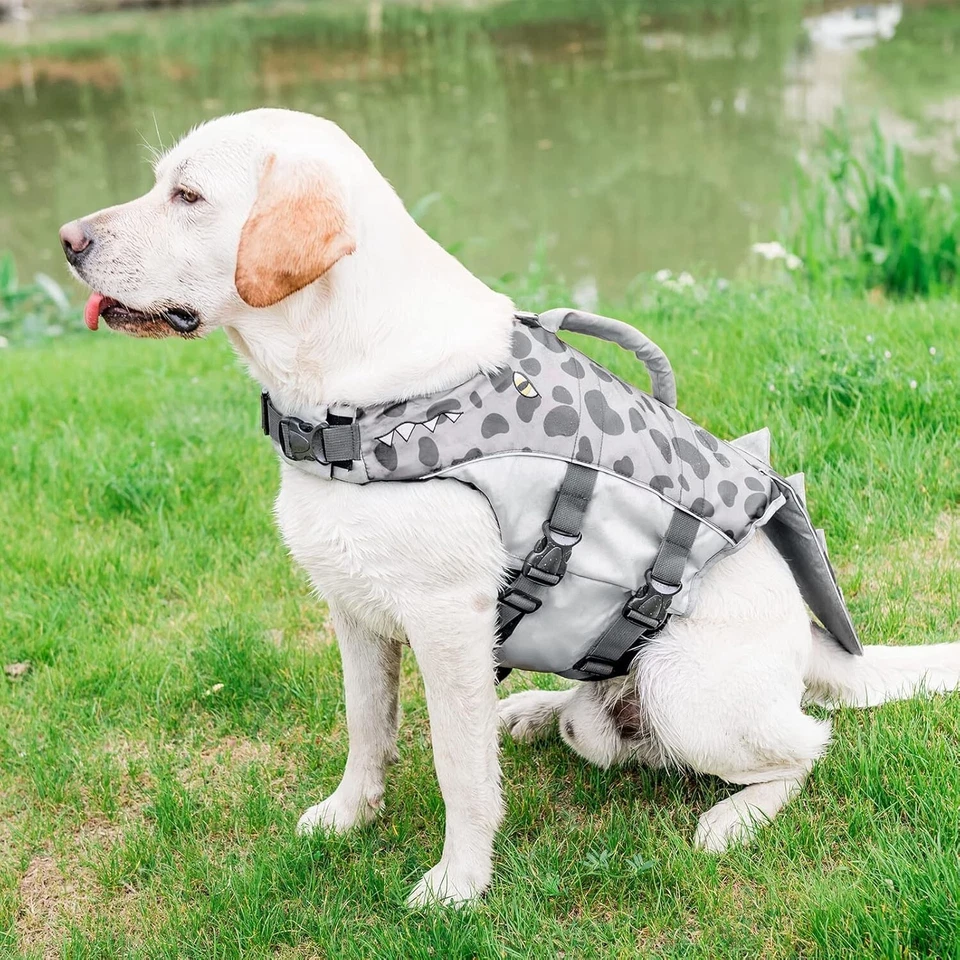 Pet Swimming Water Safety Vest Dog Life Jacket Swimsuit w/ PULL Handle Grey M - Image 3 of 4