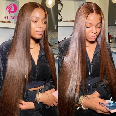 Chocolate Brown Straight Lace Front Human Hair Wig Bleached Hd Transparent Women