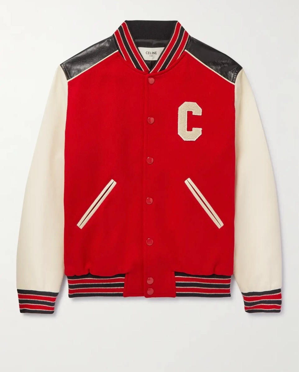 Celine Varsity Teddy Jacket In Textured Wool In Red Multi Size 50