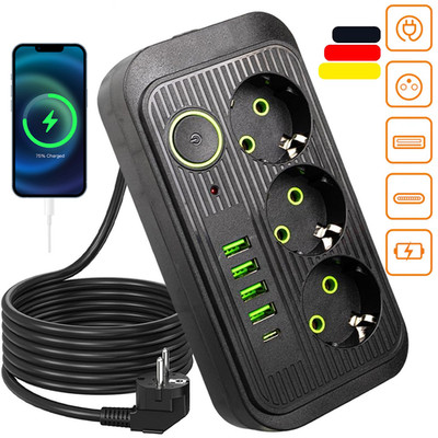 Steckdosenleiste 3-Fach mit USB Mehrfachsteckdose mit Flachstecker und Schalter