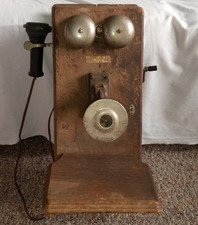 Antique Pre-1940 Wooden Wall Crank Telephone w/ Dual Bells Candlestick Receiver