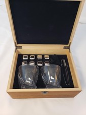 Whiskey Stones Set 2 Glasses Stainless Steel Tongs Wooden Gift Box Unused