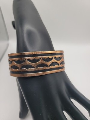 Solid Copper Cuff Bracelet Black Enamel Wide Boho Southwestern Statement Artisan