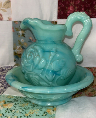 Avon Skin-So-Soft Glass Pitcher & Bowl Set, Blue Floral, 6 fl oz, Handle
