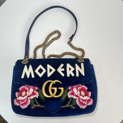 Gucci Blue Quilted Velvet Embroidered MODERN Medium Marmont Bag
