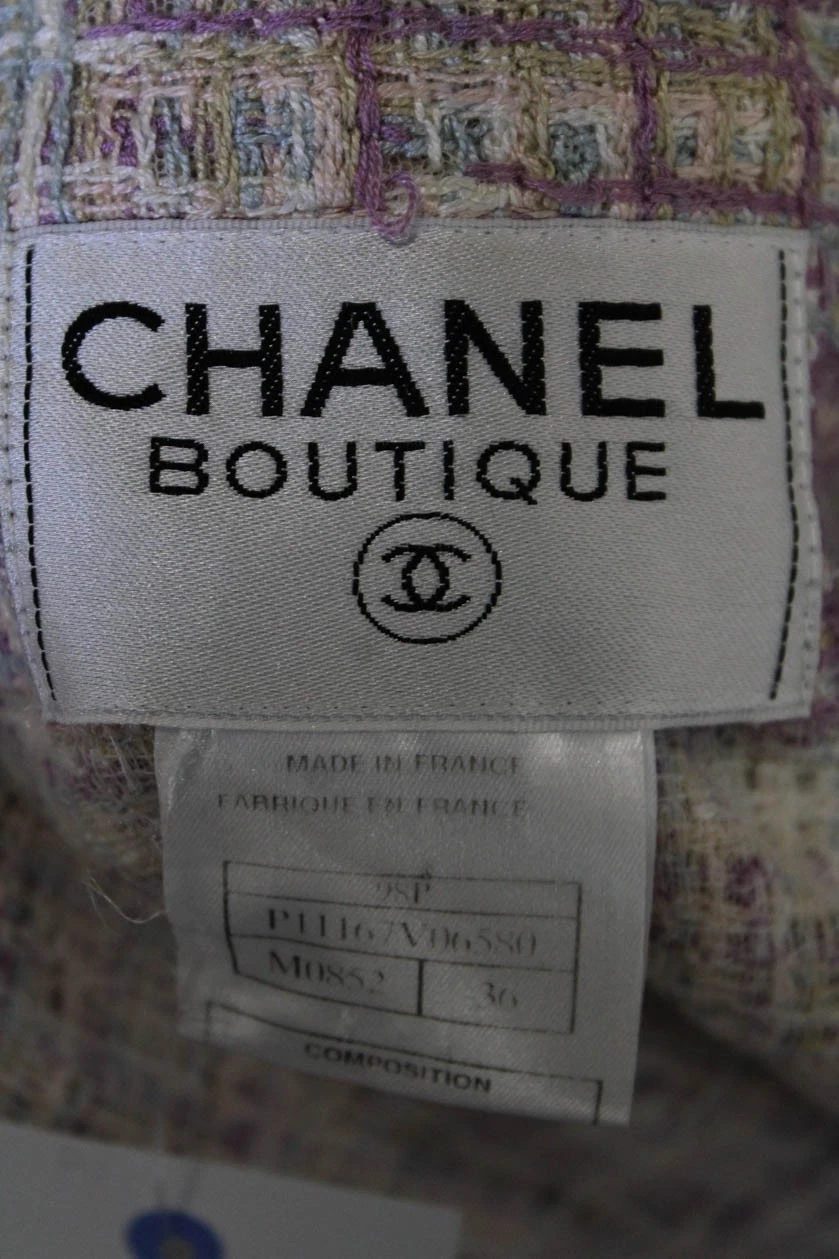 Chanel Boutique giacca tweed donna bottoni davanti vintage bianco viola FR 36 98P