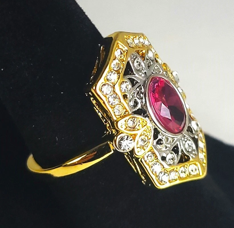 Precioso Anillo de Compromiso Art Deco Estilo Vintage Dorado Creado en Laboratorio Diamante Rubí Foto 3 de 4