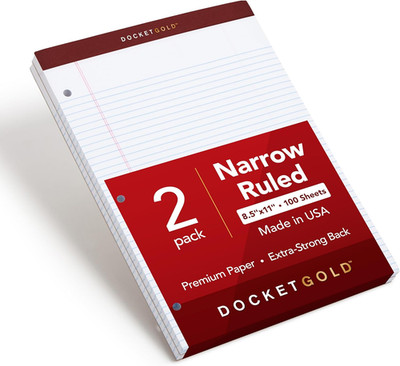 Docket Gold Writing Pads, 8-1/2'' X 11-3/4'', Narrow Rule, 3-Hole Punched, White P