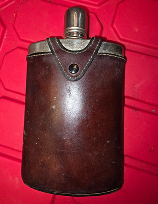 Bush 8 oz Leather Covered Hip Flask Brown/Silver Western Theme Made in USA