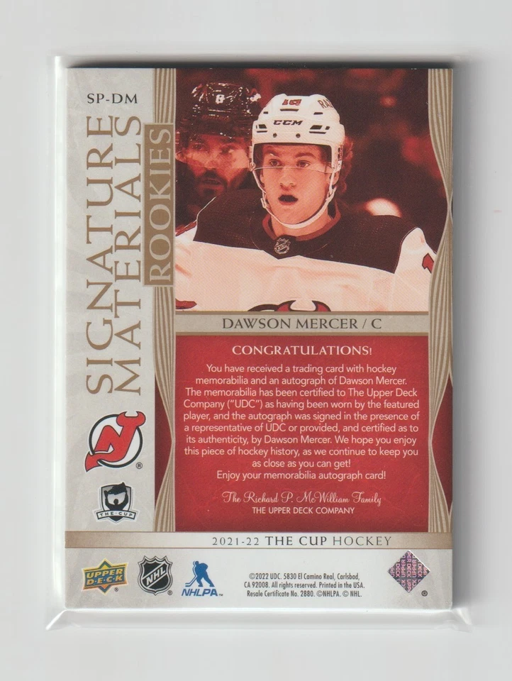 2021-22 UD The Cup Dawson Mercer Signature Materials Rookie Patch Auto 73/99 - Image 2 of 2