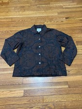Chico's 100 Silk Jacket Sz 1 US 8 Black w/ Brown Embroidery Beaded Button Up