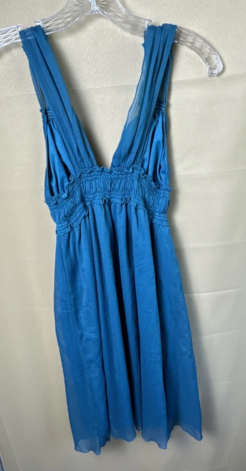 Fire Los Angeles Small Short Dress Plunge V-Neck Teal Gauzy Sheer- lined - Image 4 of 4