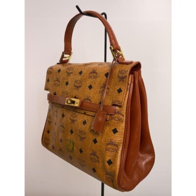 MCM Visetos Camel Top Handle Handbag Authentic Monogram Logo Gold Kelly type