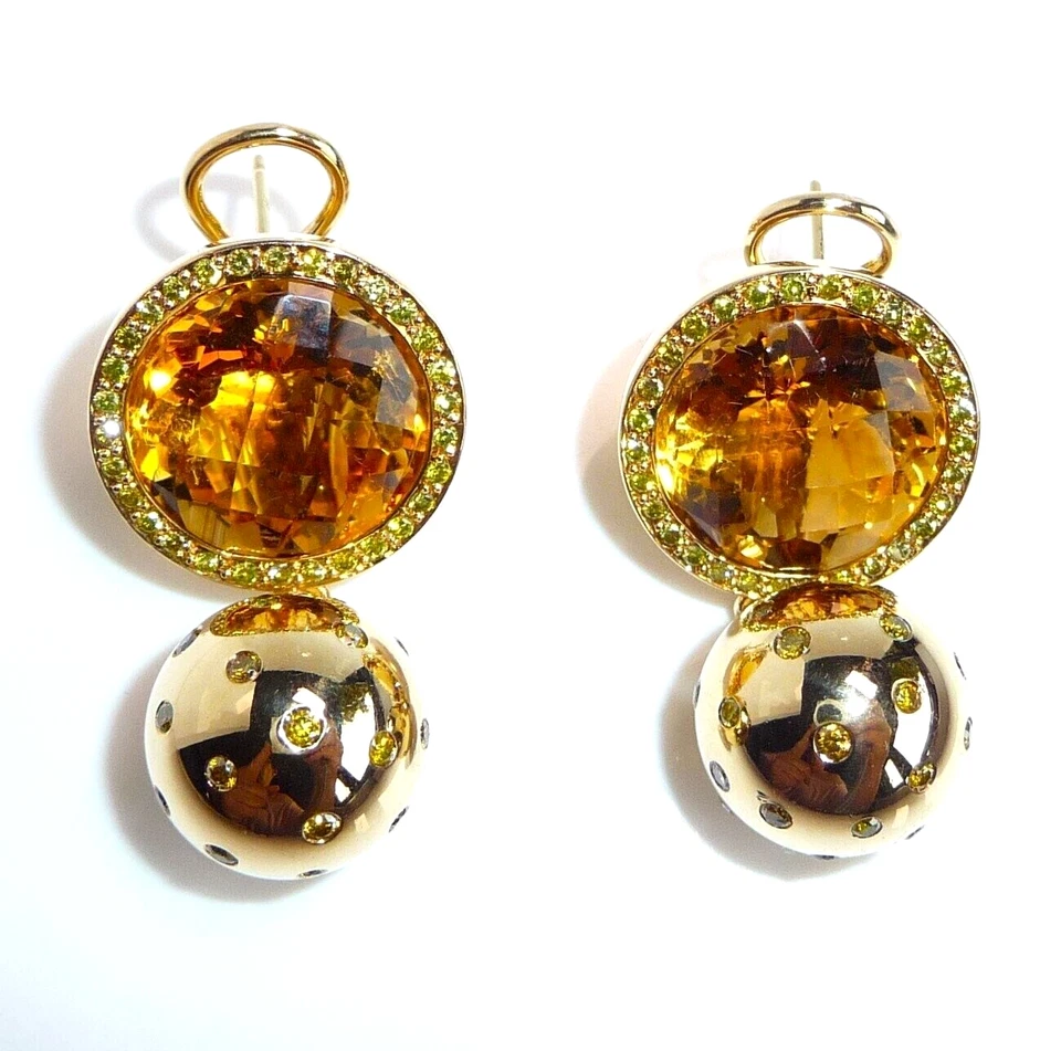 Ohrringe Niessing 750 Gold 1.60ct. Diamanten  große Citrine 36,5 mm 25,4gr