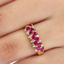 Half Eternity Engagement Ring 14K Yellow Gold Plated Princess Simulated Ruby