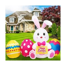 OurWarm 6 FT Easter Inflatables Outdoor Decorations Bunny and 3 Colorful Eggs...