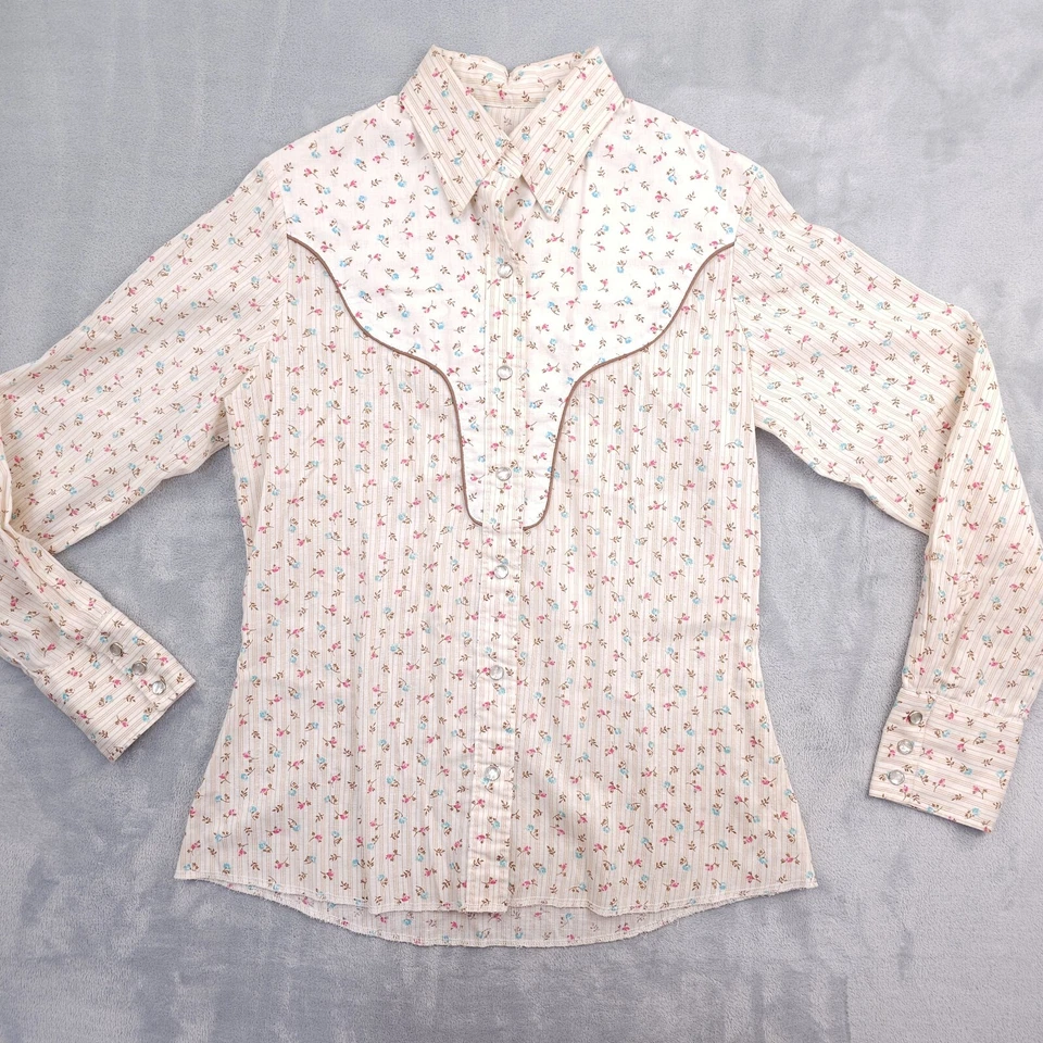 De colección Años 70 Wrangler Western Floral Perla Snap Piping Marrón 34 Rosa Azul Ajustado Foto 3 de 4