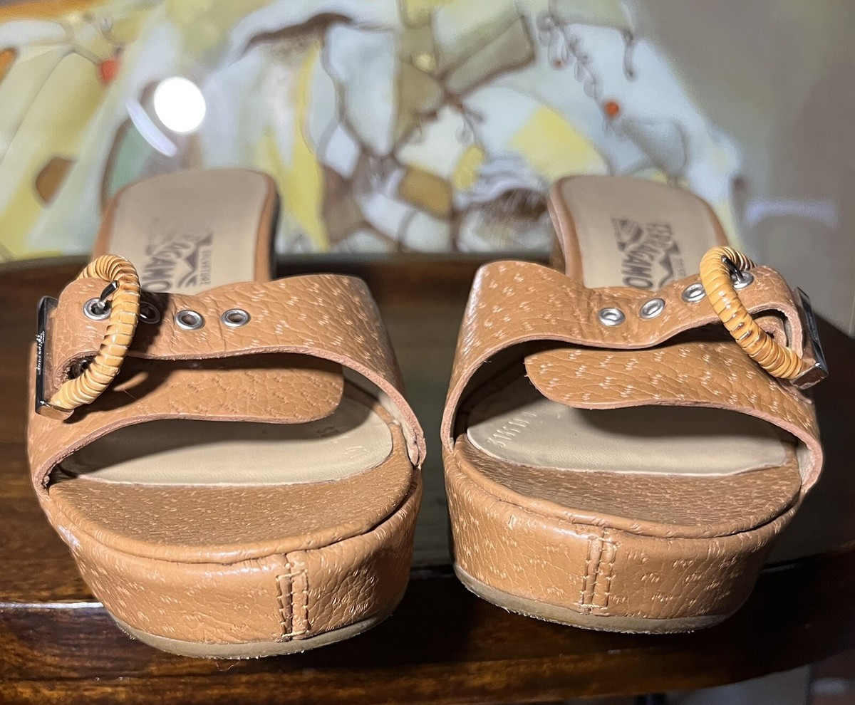 Ferragamo mules sandals slides Leather Wedge Brown Tan Logo